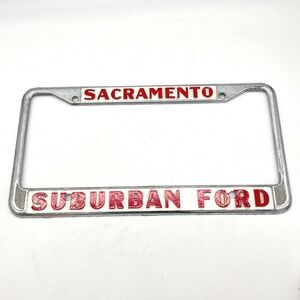 Vintage Suburban Ford Sacramento License Plate Frame Chrome Red White Metal